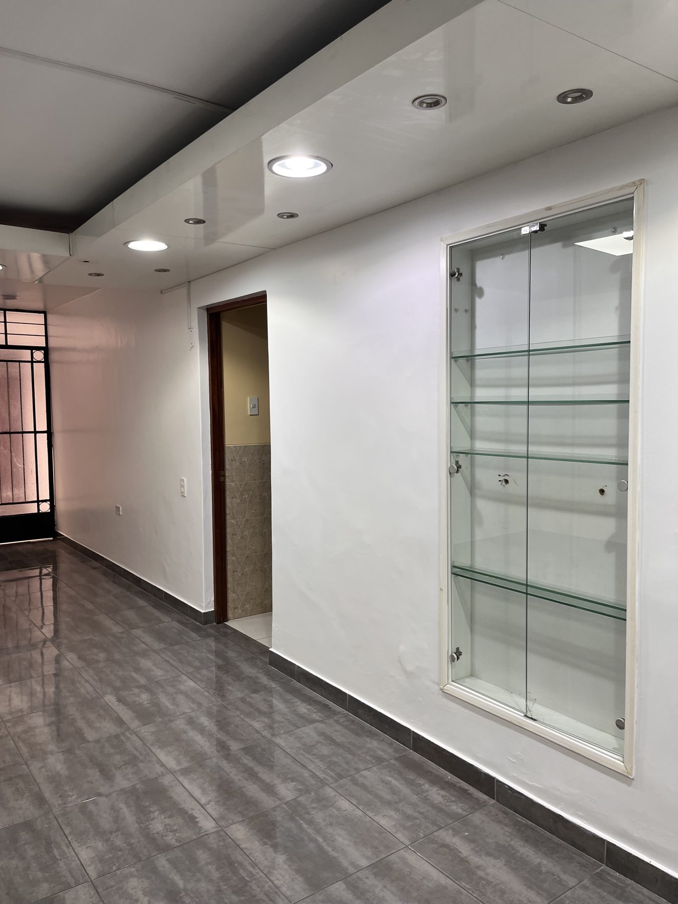 Vitrina empotrada de vidrio y acceso al baño
